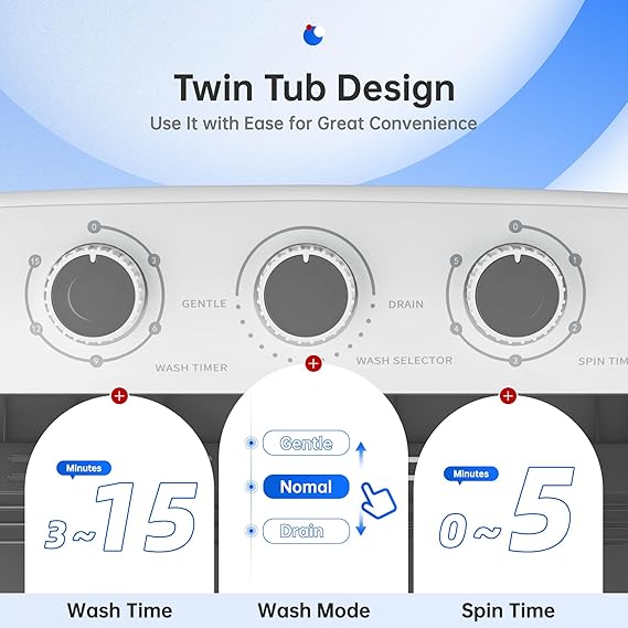 Superday Portable Washing Machine with Longer Hose, 16 Lbs Compact Mini Washer and Dryer Combo,Twin Tub Washing Machine Laundry Compact Washer spinner Combo for Apartments RVs and Dorms(Grey)