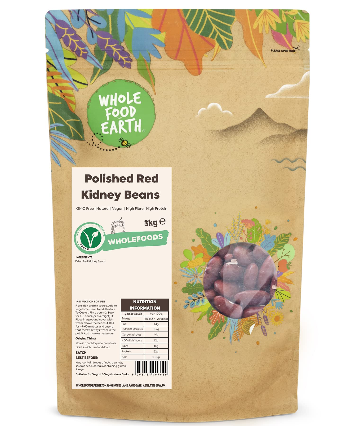 Wholefood Earth Polished Red Kidney Beans 3 kg | GMO Free | Natural | High Fibre | High Protein