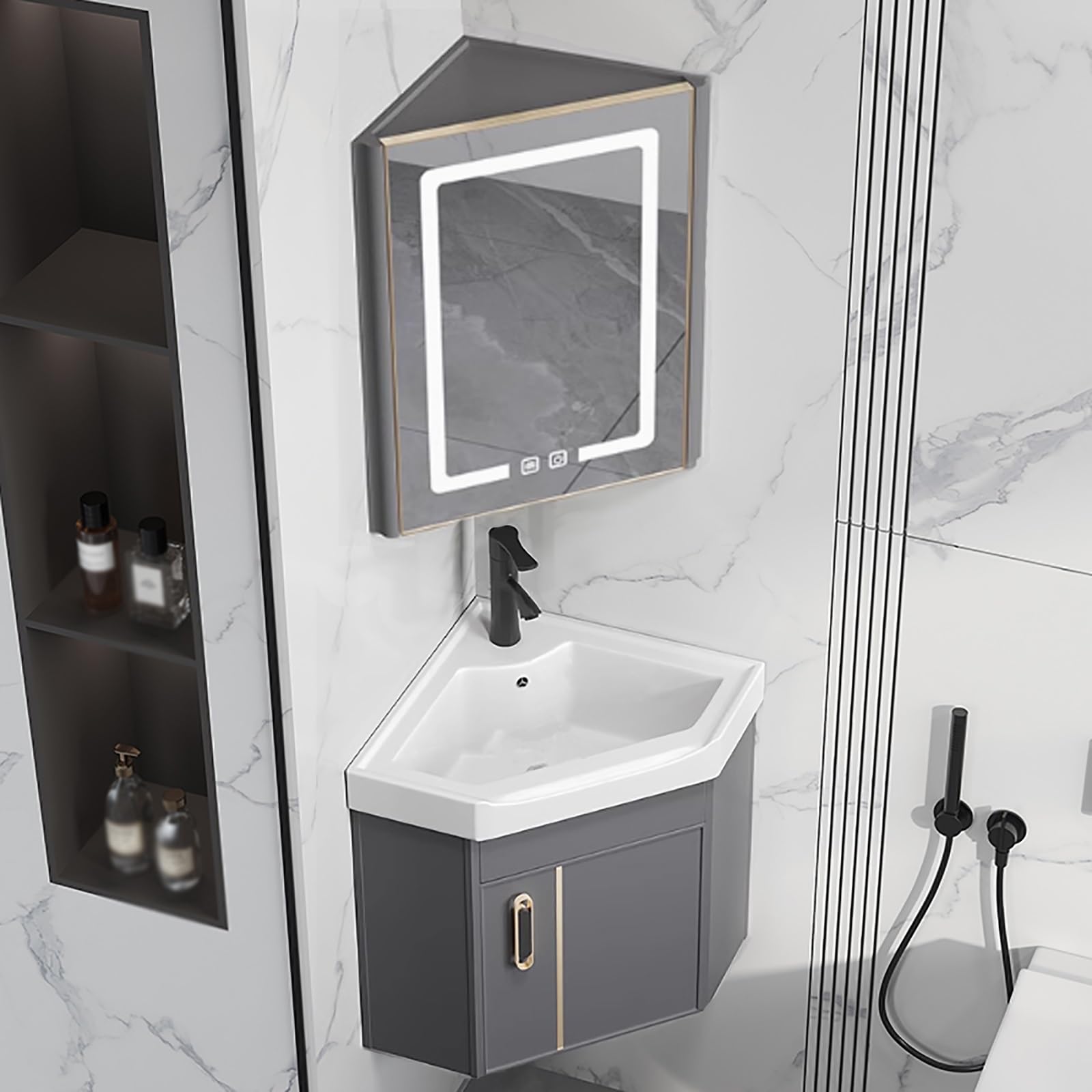 DFGHNBVC Wall Mount Corner Vanity Sink With Cabinet And Led Mirror, Modern Bathroom Storage Solution With Anti-Fog Technology,Grey-42Cm/16.5In