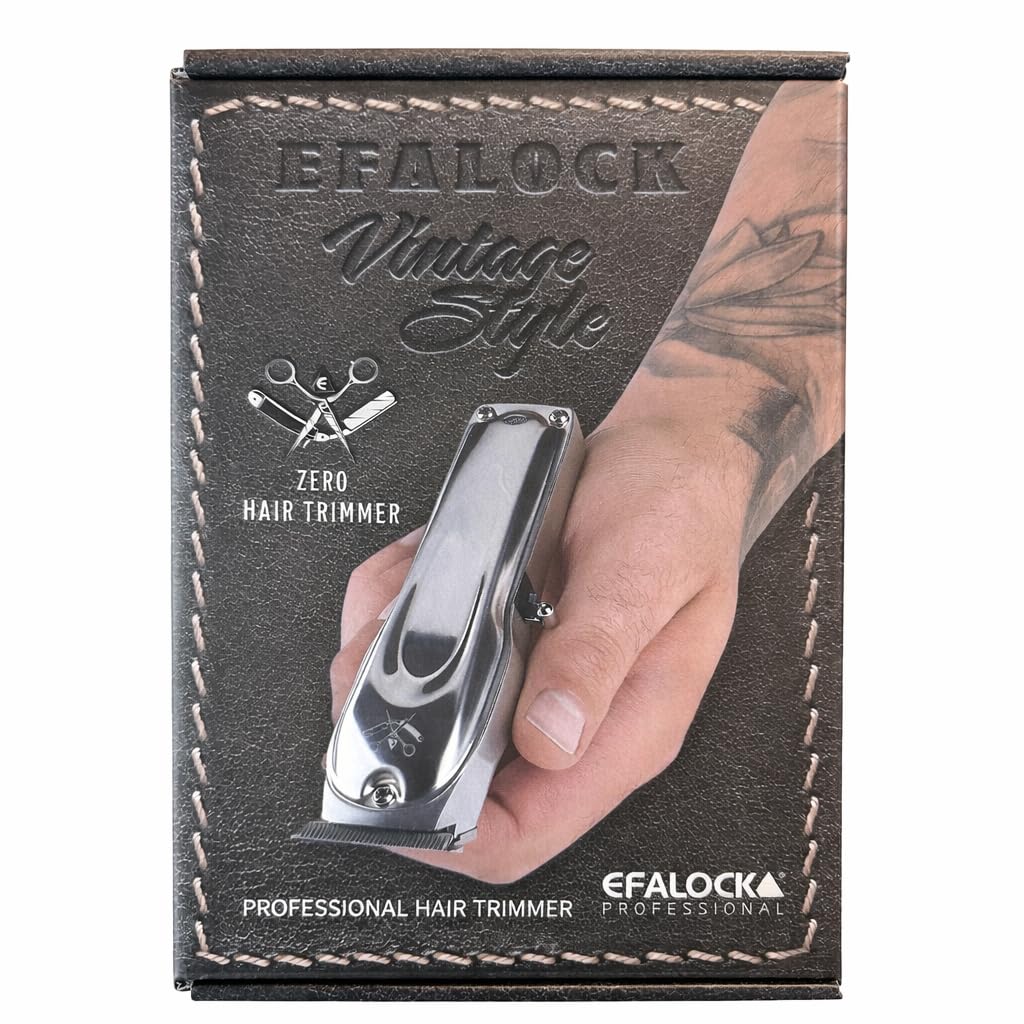 Rotschopf24 Efalock VINTAGE Präzisionstrimmer Zero Cut T-Klinge + Tasche | Zero Cut 0,1 mm, T-Klinge, Akku- + Netzbetrieb, 3 Aufsteckkämme für präzise Konturen und Bartpflege. Besser als Bad Butch