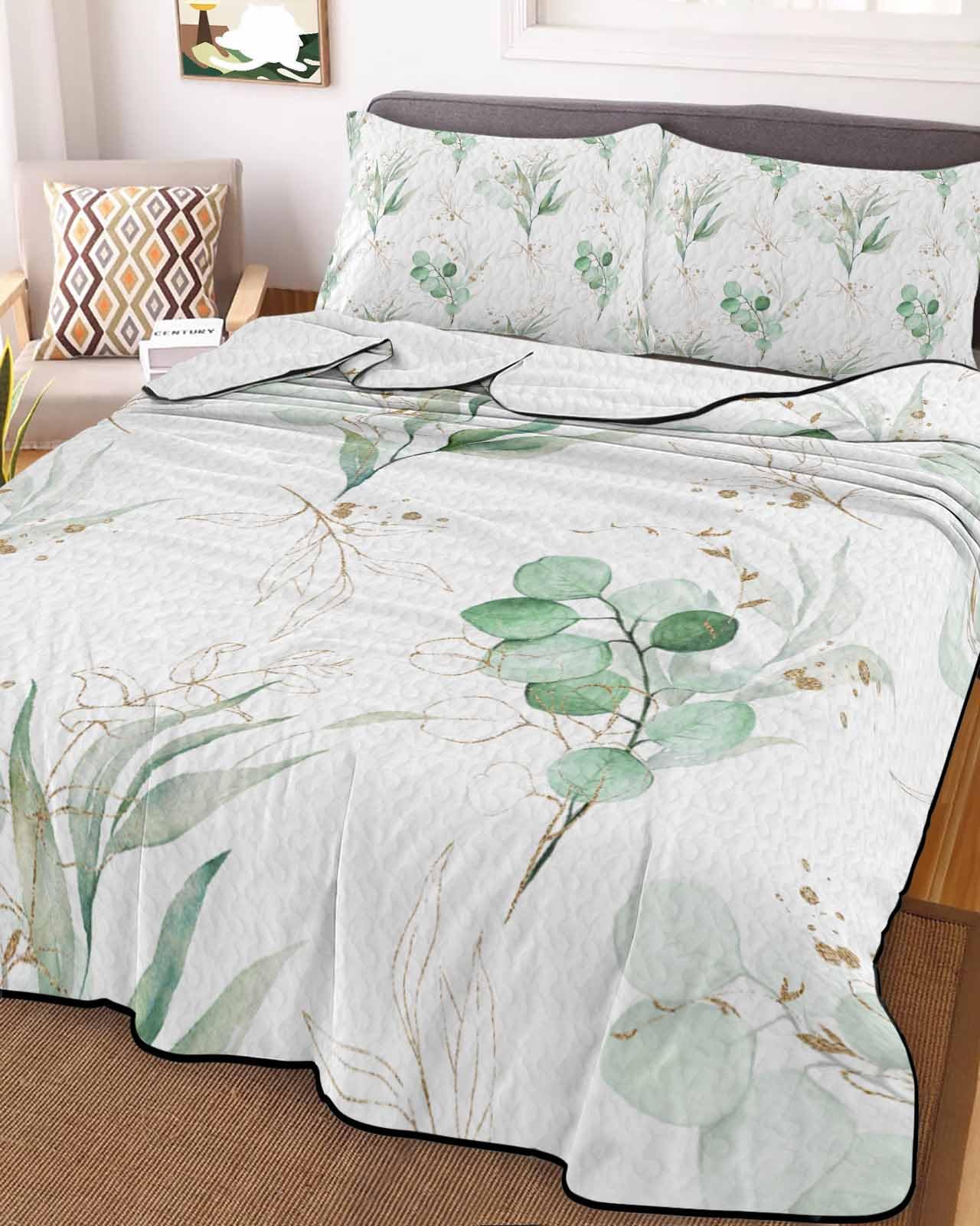 3-Piece Summer Quilt Full Size, Green Leaves Lightweight Cooling Bedding Comforter Blanket with 2 Pillow Shams, Simple Watercolor Eucalyptus Plants Herbs Bedspreads Quilted Coverlet Sets 78