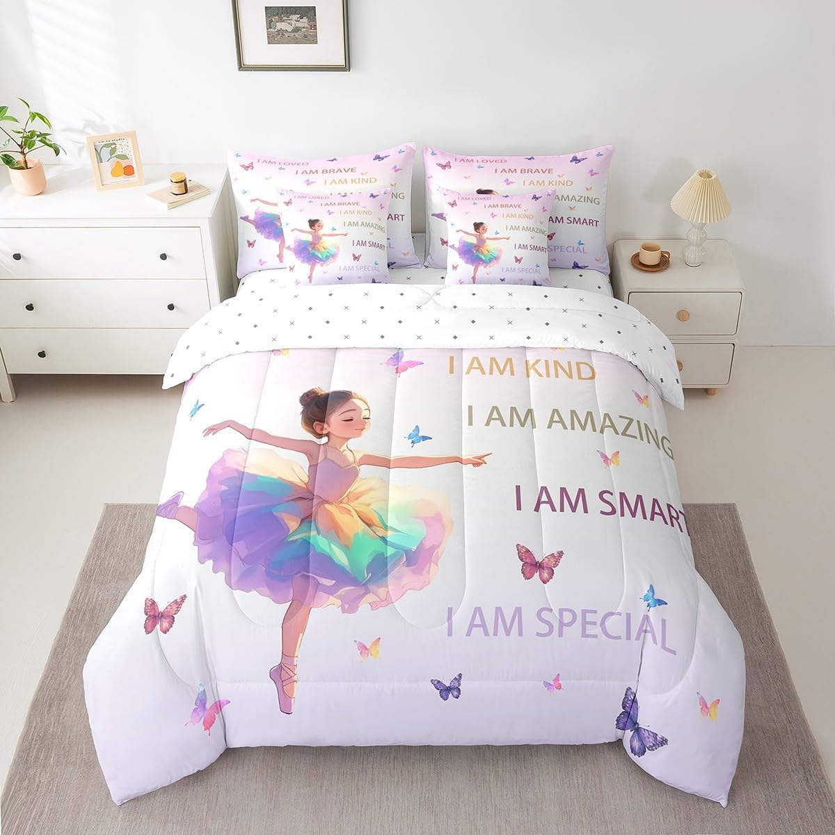 Feelyou Ballet Comforter Set Queen Size 7 Pieces Comforters Ballerina Design Bedding Set Cute Little Dancers Bed Set Bed in a Bag with Comforter, Sheets, Pillowcases & Cushion Covers