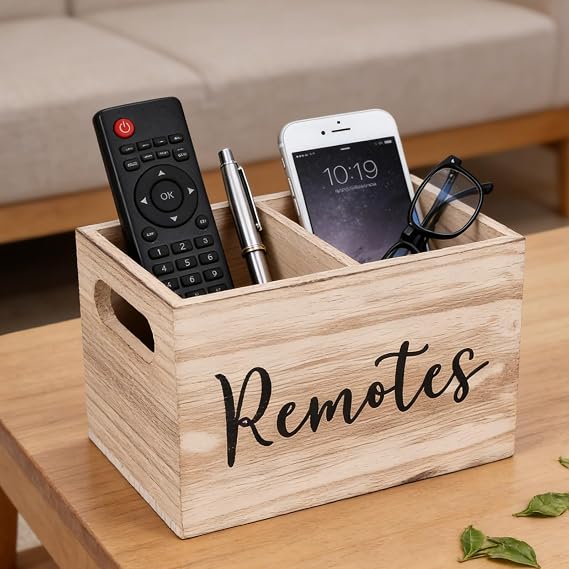 Remote Control Holder - Solid Wood TV Remote Holder & Wooden Desk Organiser Tidy, 2 Compartments Desk Caddy for Home/Office/Bedroom, TV Controller Holder with Hollow Handles