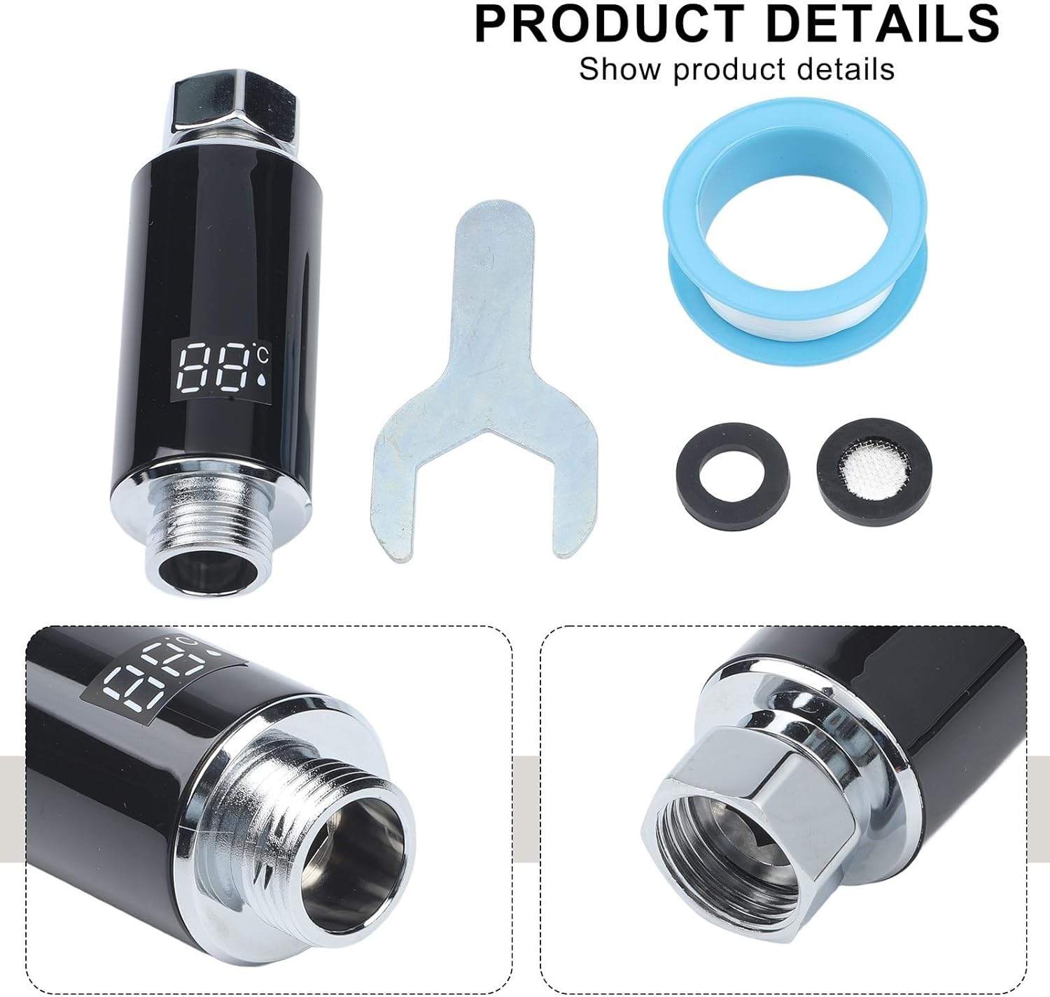 LED Shower Temperature Monitor with Real- Display & 3- Safety Indicator, ABS Bath Thermostat Home Use, G1/2 Thread, 92x33mm, Black/Silver