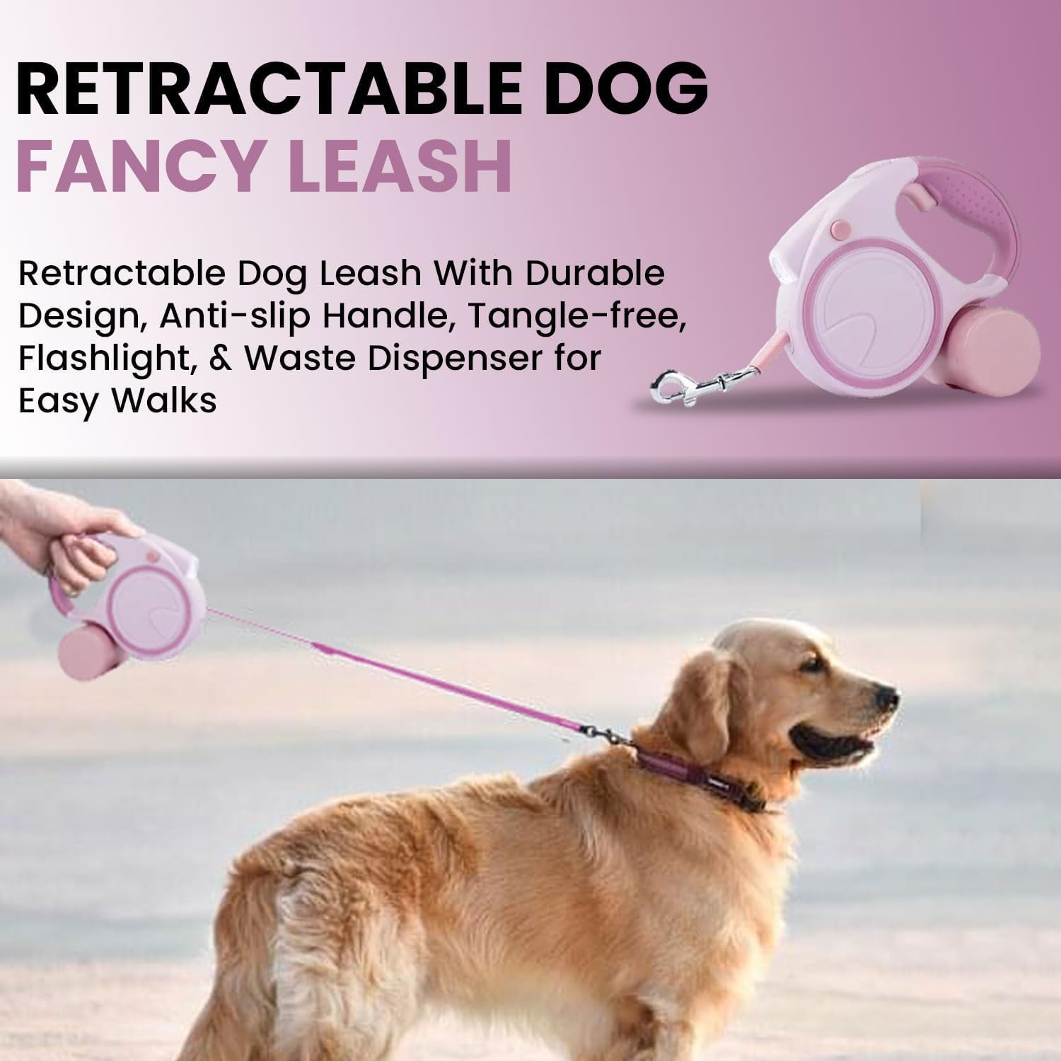 Laisse rétractable pour chien avec lampe de poche et distributeur, la laisse rétractable pour chien est parfaite pour une promenade sûre et confortable avec votre animal de compagnie – Convient pour
