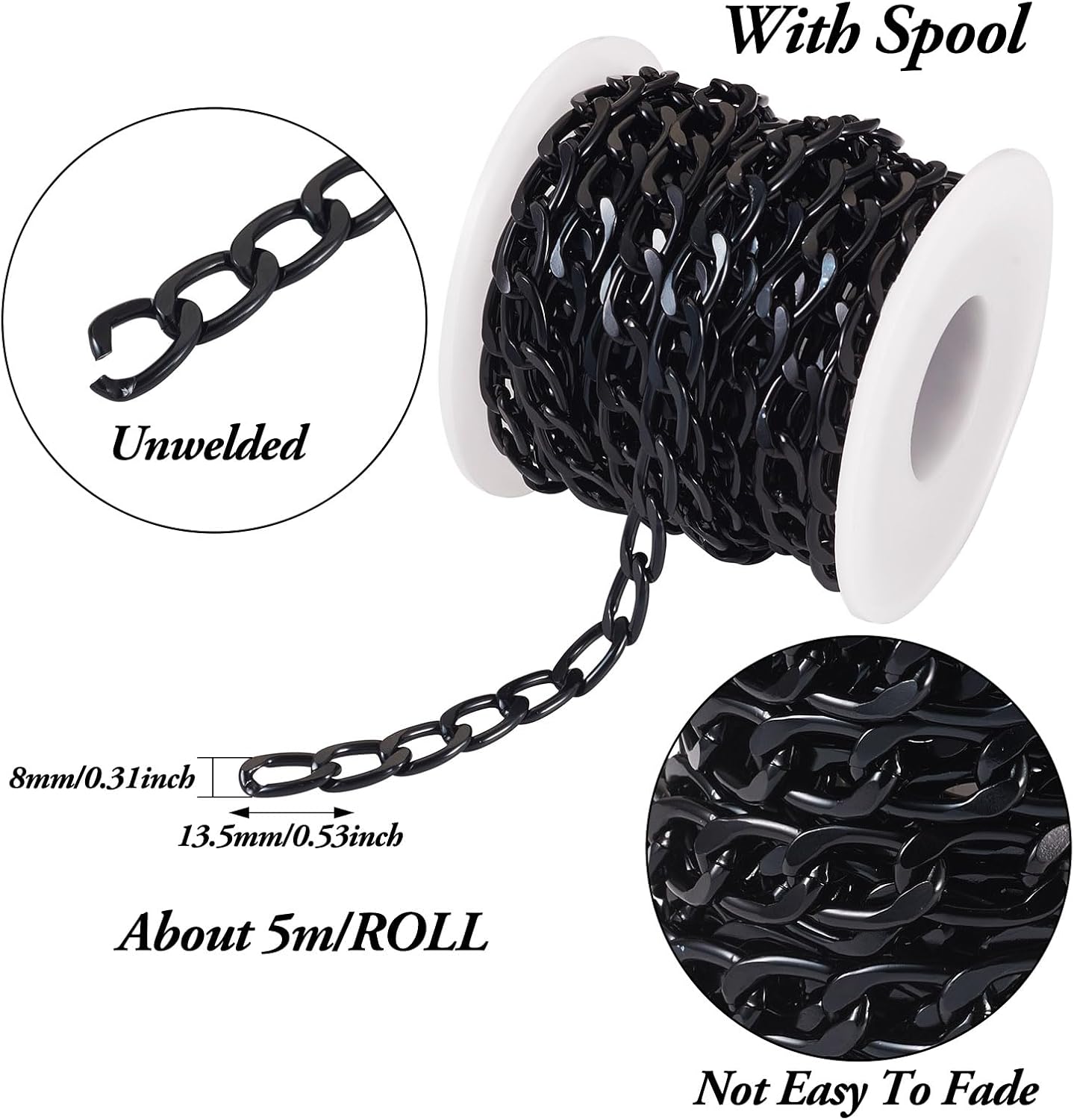 Pandahall 16.4 Feet Aluminum Curb Chains 13.5x8x2mm Black Oval Oxidation Metal Craft Chains Unwelded Link Chains with Spool for Jewelry Making Necklace Bracelet - Image 5