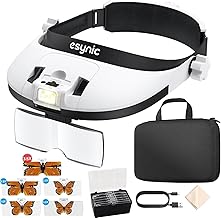 eSynic Front Magnifier with Storage Bag 5 Interchangeable Lenses 1X to 3.5X Magnifying Bezel 8 LED Bi-Colour LED Adjustable Brightness with 900mAh Battery for Precision Work Sewing
