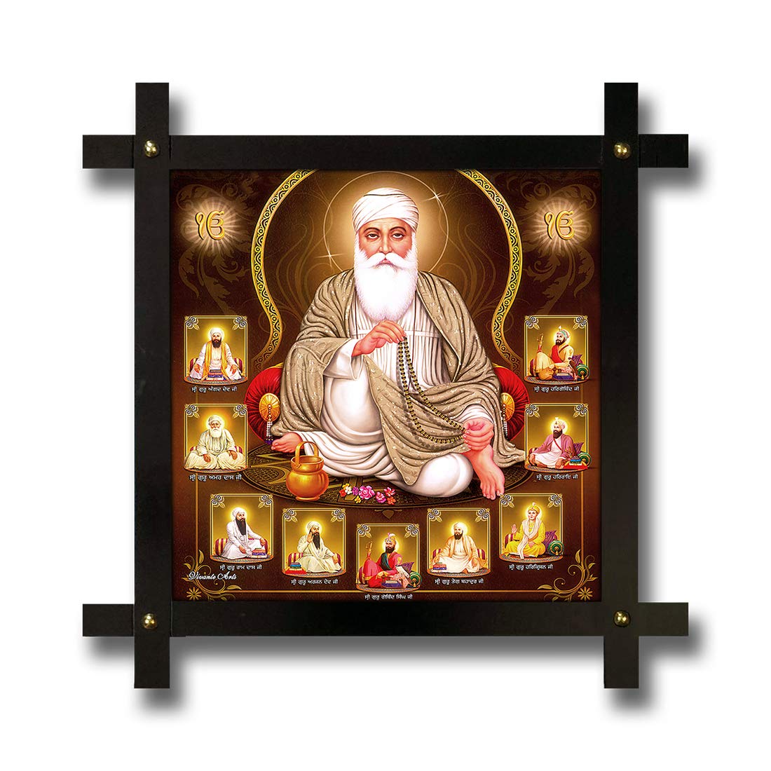 Poster N Frames Cross Wooden Frame Hand-Crafted with Photo of Dus Guru with Guru Nanak (16.5x16.5 inch, 42x42 cm, 10), Multicolour, Medium