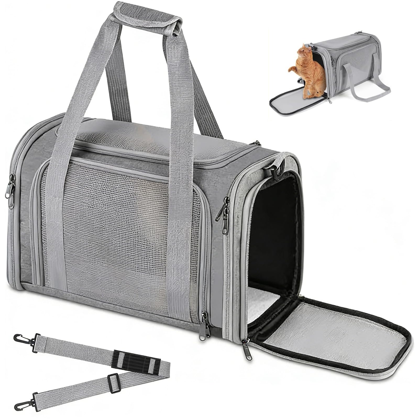 Soft Sided Cat Carrier, Pet Travel Bag, Collapsible Pet Carrier, Multi-Entry Design with Breathable Mesh & Padded Shoulder Strap for Cats/Dogs/Pets, up to 14.5 lbs (Grey)