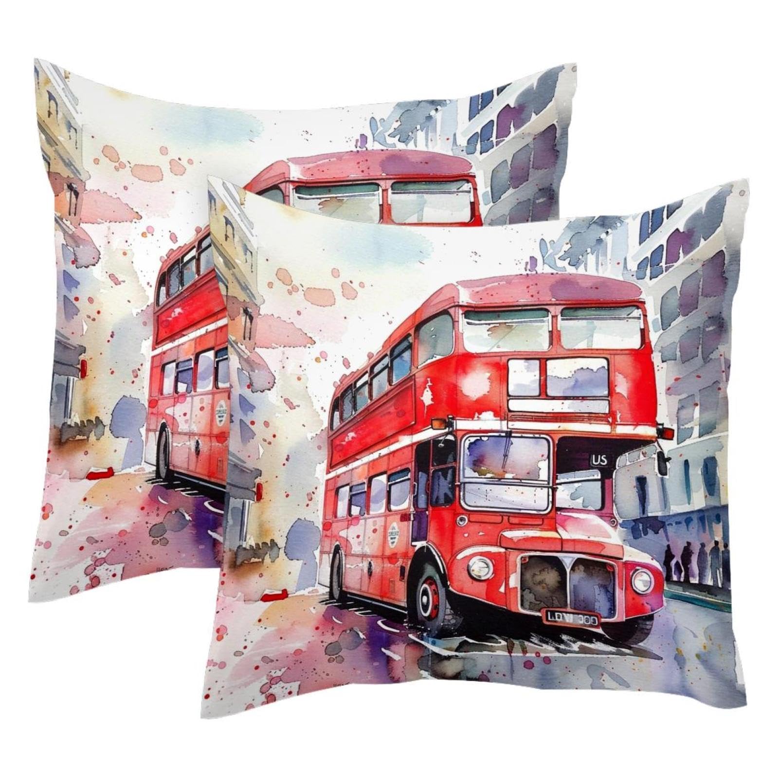 Housse de coussin velours 50x50 lot de 2 motif bus londonien aquarelle