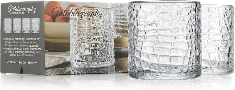 DOF Set of 4 Clear 13oz Drinking Glasses Patent Crackle Textured Design Double Old Fashioned Whiskey Glasses Home Everyday Bar Glassware