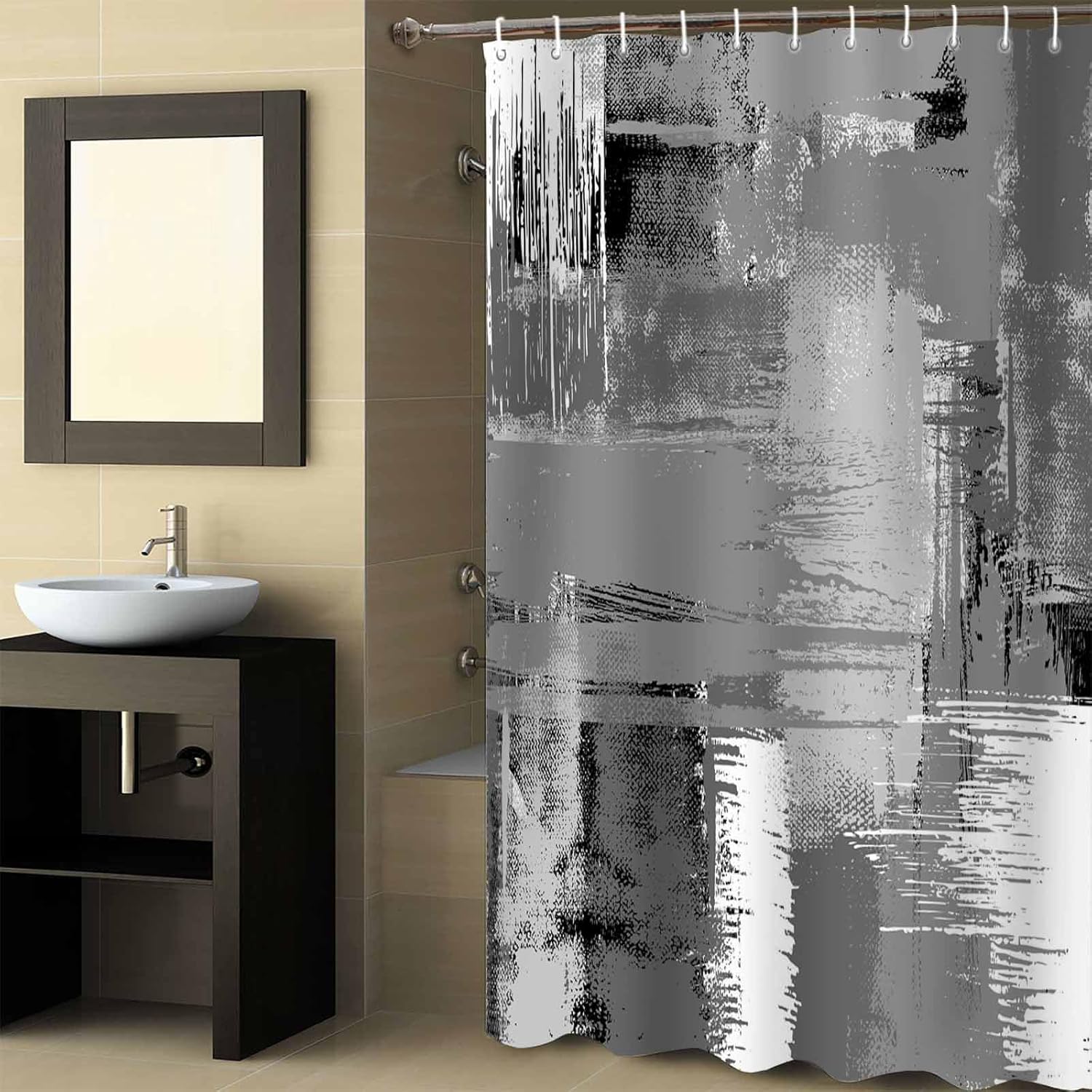 Contemporary Grey Shower Curtain Set with Hook 66" x 72",Washable Cloth Polyester Fabric Shower+Curtain,Waterproof Bath Curtains for Bathroom,Showers,Bathtubs Abstract Black Grey White Street Art