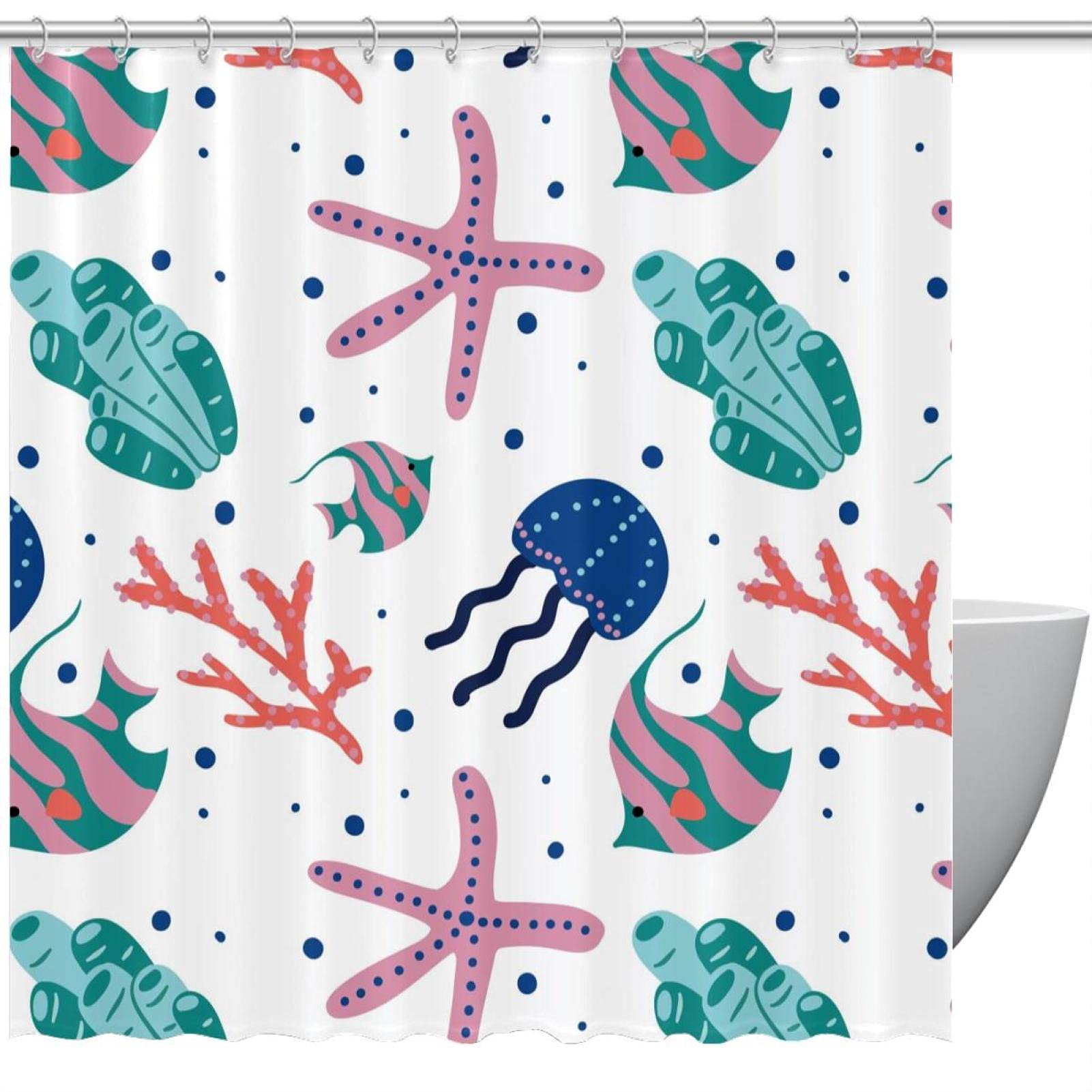 Rideau de douche imperméable motif algue corail et étoiles de mer 168x183cm avec 12 crochets