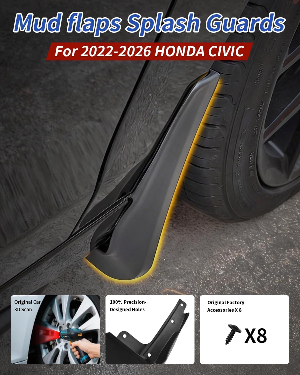 No Drill Mud Flaps for 2022-2026 Honda Civic, Heavy Duty Front & Rear All Weather Splash Guards Set for Sedan LX/Sport/Hybrid/Touring/Si Models, OEM-Style Black Mud Guards, Not Fit Hatchback/Type R
