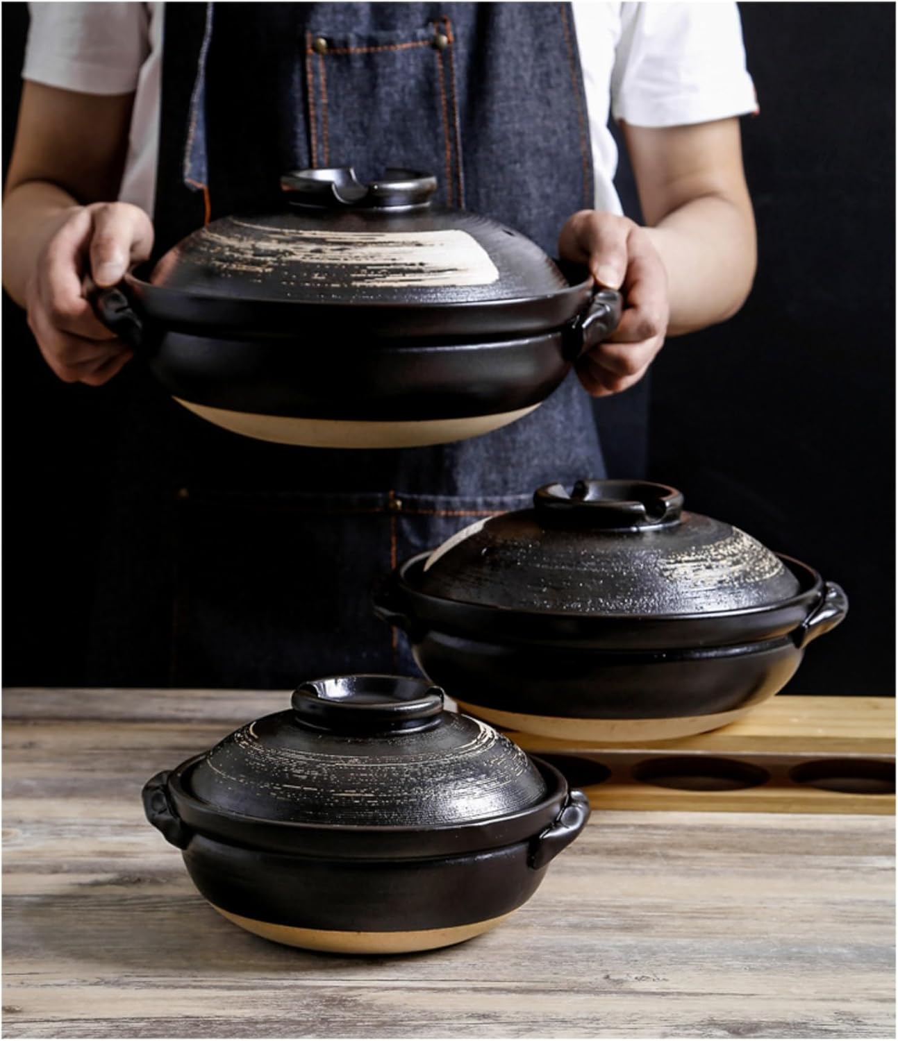 土鍋 セラミック シチュー鍋 一人用 1700ml 中ポット 直火加熱 ガス火対応 吹きこぼれ防止 手描き風デザイン 小型 一人暮ら