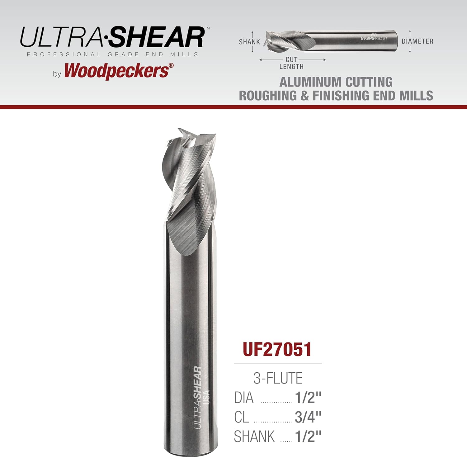 1/2 Inch End Mills, 3 Flute, USA Made Solid Carbide CNC Aluminum Cutting End Mill Bits for Roughing & Finishing - Square End - UF27051