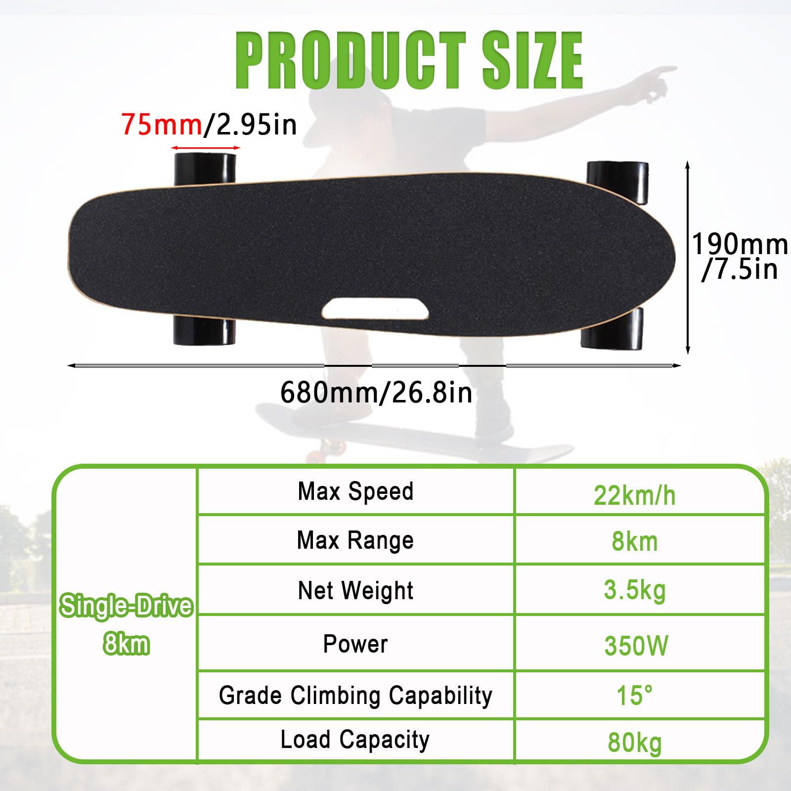 Longboard électrique, Planche à roulettes, avec Moteur hub Simple/Dual, autonomie de 8 à 30 km, Vitesse maximale de 22-40 km/h, capacité de 80-150kg Single-Drive-8km
