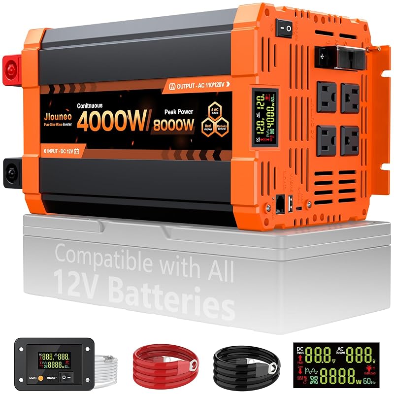 Inversor de Energia 4000 W com Onda Senoidal Pura, Entrada 12 V DC e Saída 120 V AC Jlouneo 12V-BR8-4000W-PSW-JC