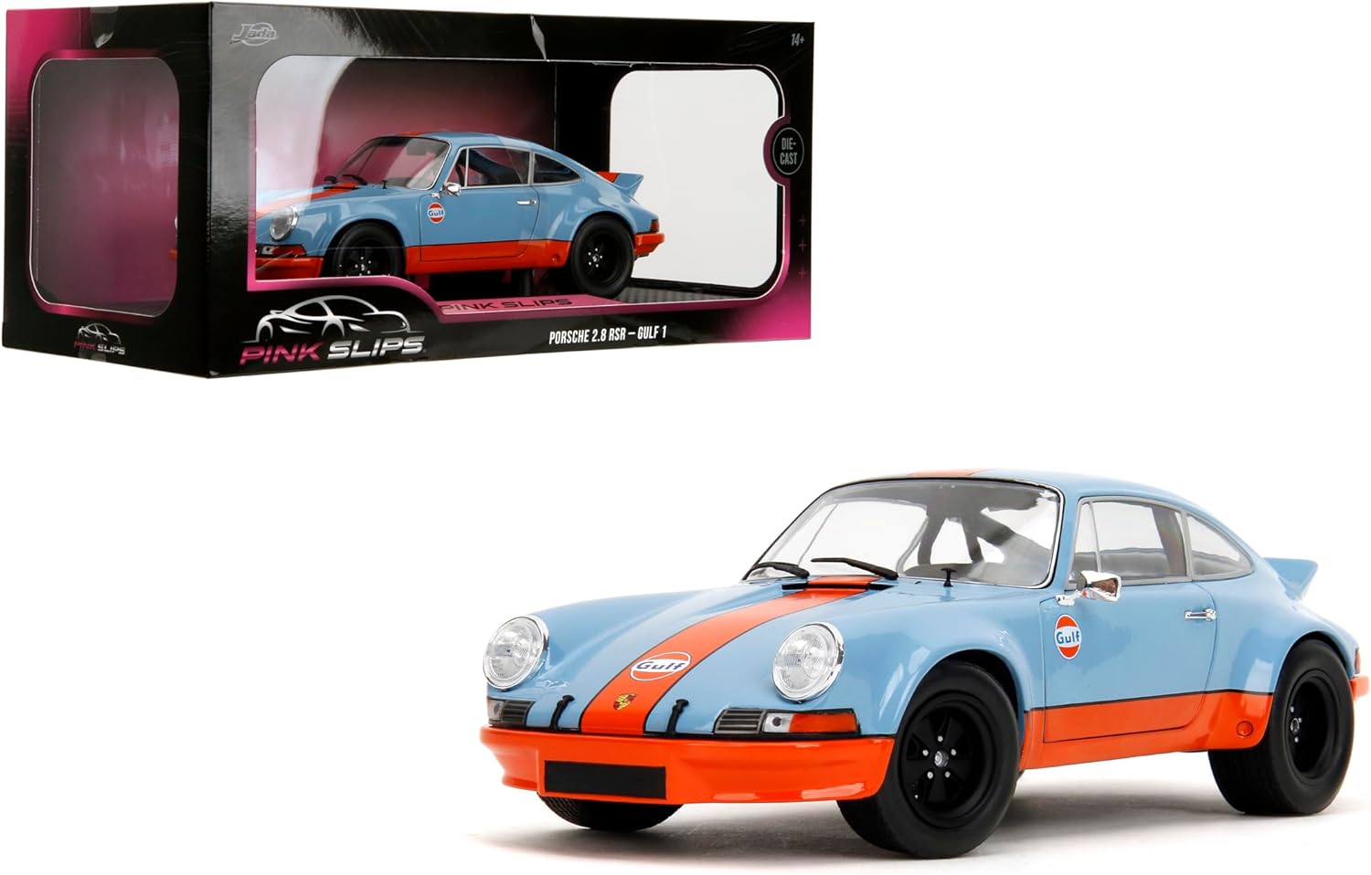 Jada Pink Slips 1973 Porsche 911 RSR - 1:18 Scale Diecast Model with Gulf Livery, Opening Doors and Working Steering - for Collectors and Enthusiasts 14+ - Blue and Orange