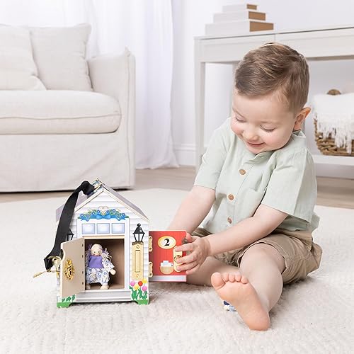 Miniatura 6 de Melissa & Doug Casa de muñecas de madera con campanilla, para llevar, con sonidos de campanillas, llaves, 4 muñecas de madera que posan