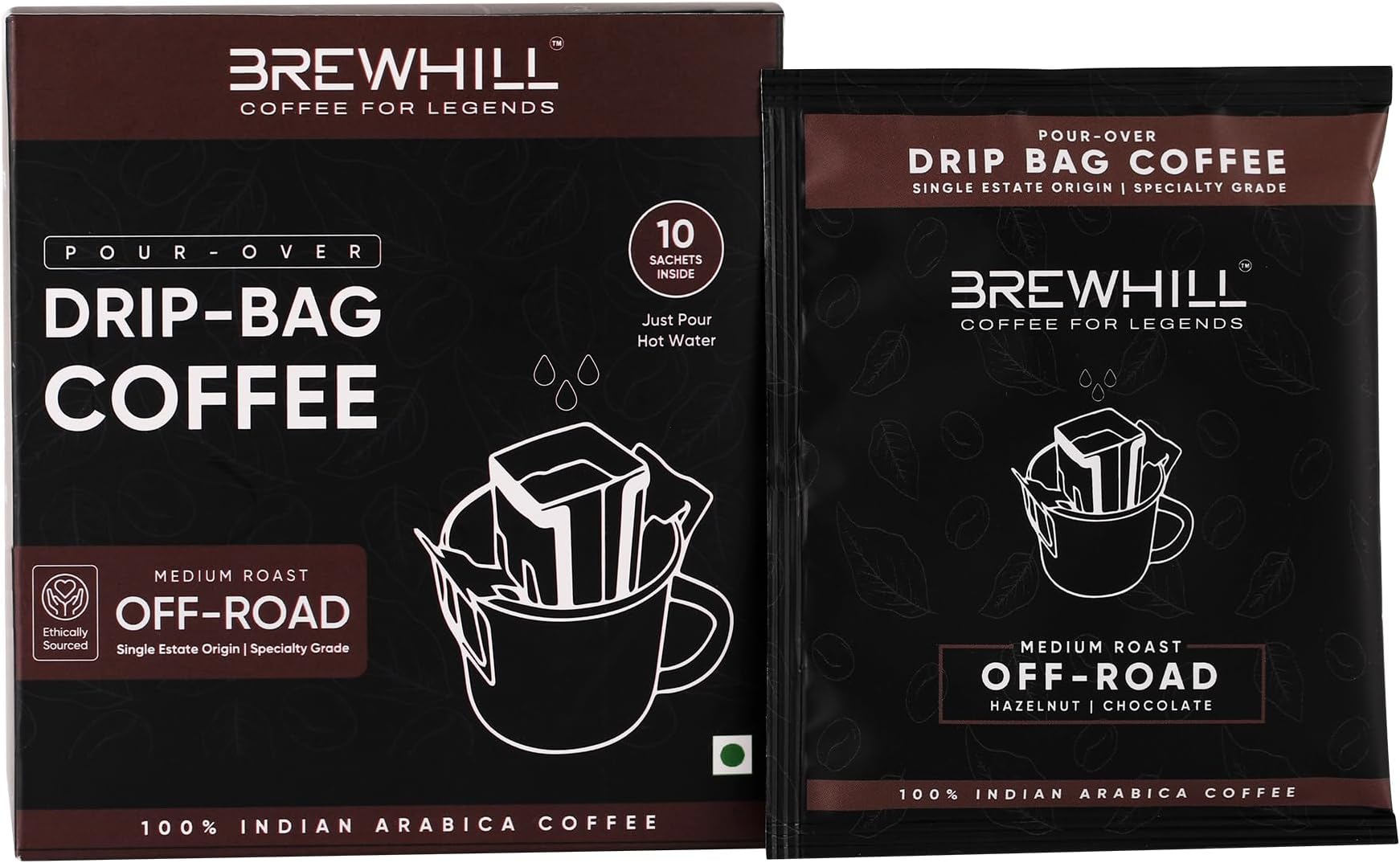 Brewhill Drip Bag Coffee | Off-Road | Medium Roast | Pack of 10 | 100% Arabica Specialty Coffee | Premium Black Coffee | Pour Over
