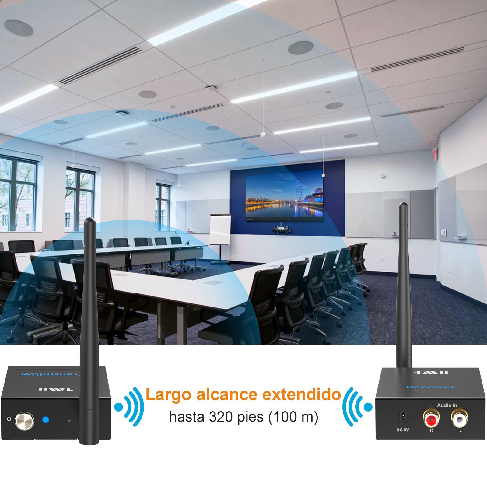 1Mii Transmisor Receptor Inalámbrico Audio HiFi (1TX+1RX), 2.4GHz Adaptador Emisor Audio Largo Alcance 100m, 20ms Baja Latencia Desde TV/PC a Altavoz Activo/Subwoofer/Barra de Sonido, Salida AUX/RCA