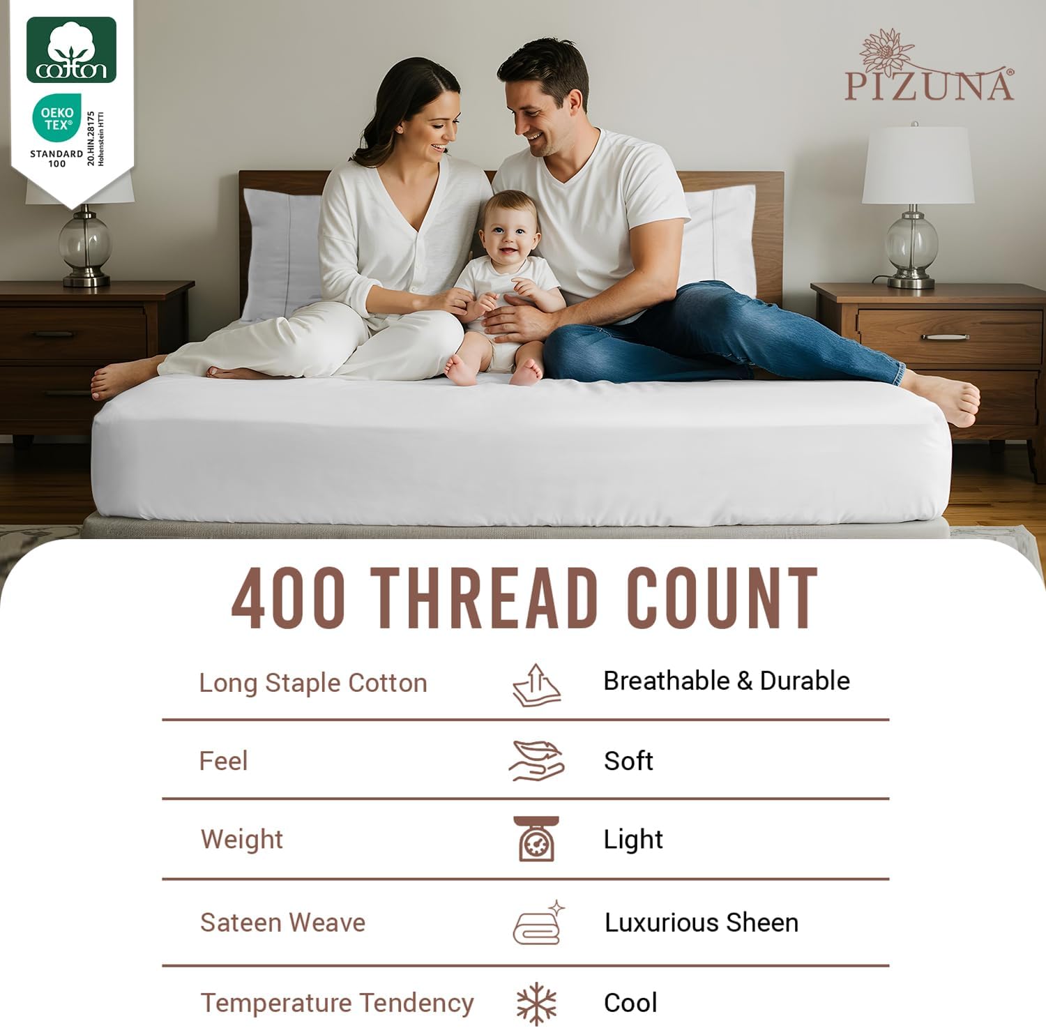Pizuna 100% Cotton White Fitted Sheet + 2 Pillowcases Set 400TC Queen Sateen Weave 15" Deep Pocket Fitted Bottom Sheet Luxurious Cooling Queen Bedding Set