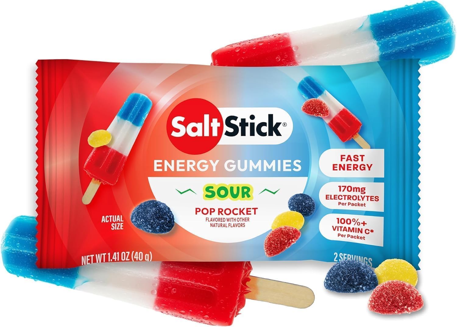Energy Gummies with Electrolytes, Sour Pop Rocket, Easy to Chew Electrolyte Gummy, Energy Chews that Taste Great. 10 Packs, 80 Gummies