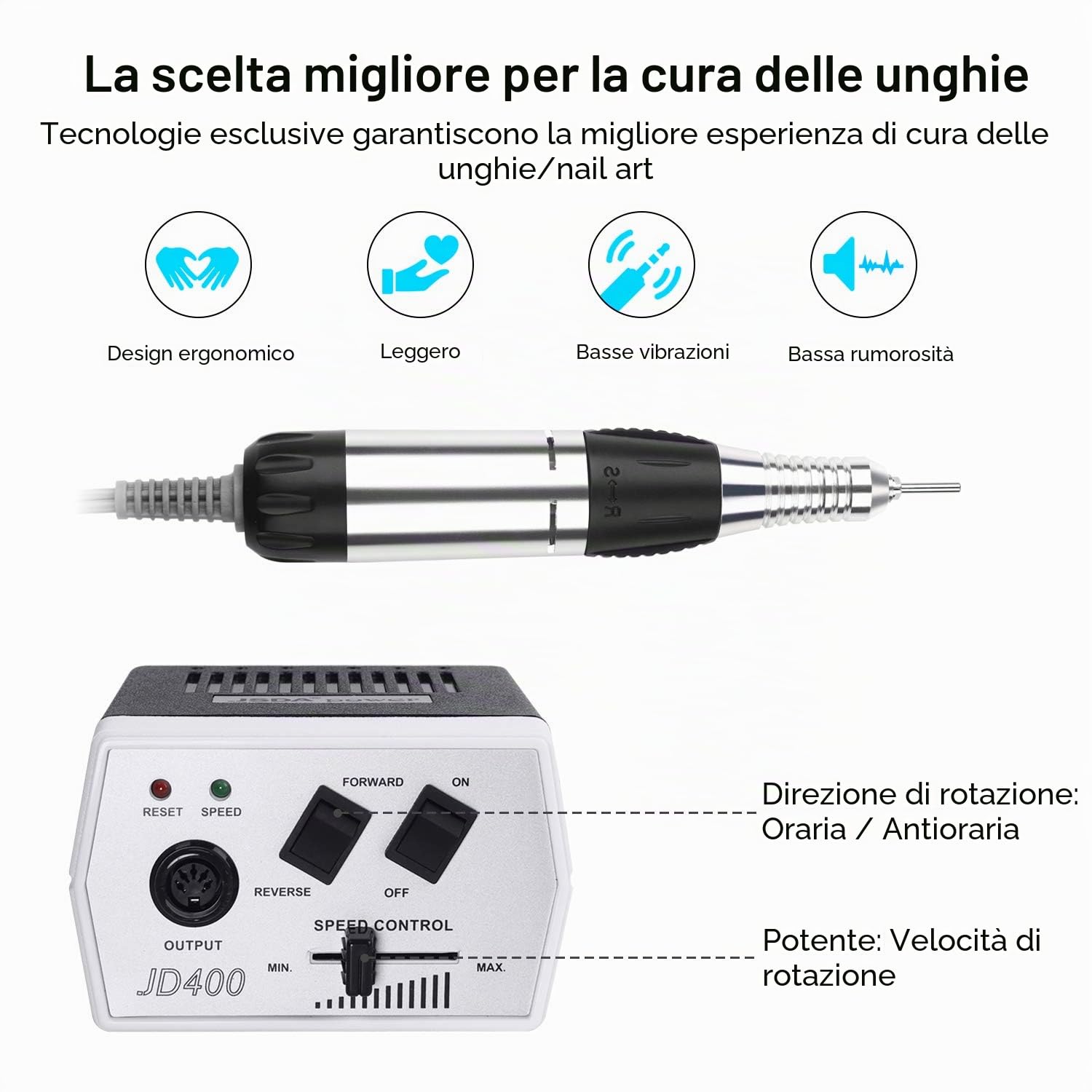 JSDA Fresa per Unghie Professionale con Carburo Punte Fresa Unghie, Potente Lima Unghie, 30000 RPM Velocità Regolabile, Elettrico Manicure Pedicure Set, Silenziosa e Priva di Vibrazioni
