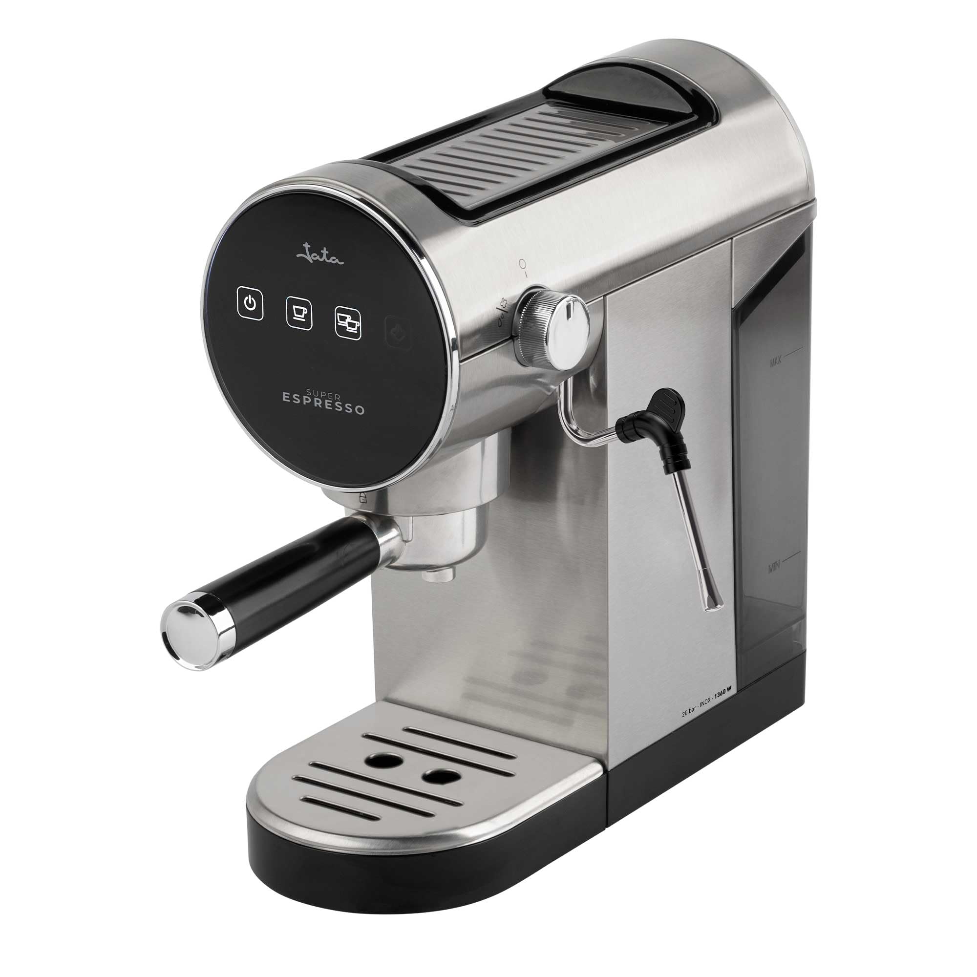 JATA JECA5505 - Cafetera Espresso 20 Bar 1360 W con Pantalla Táctil, Vaporizador de Leche, 1 y 2 Tazas, Depósito 0,9 L, Calienta Tazas, Desconexión Automática