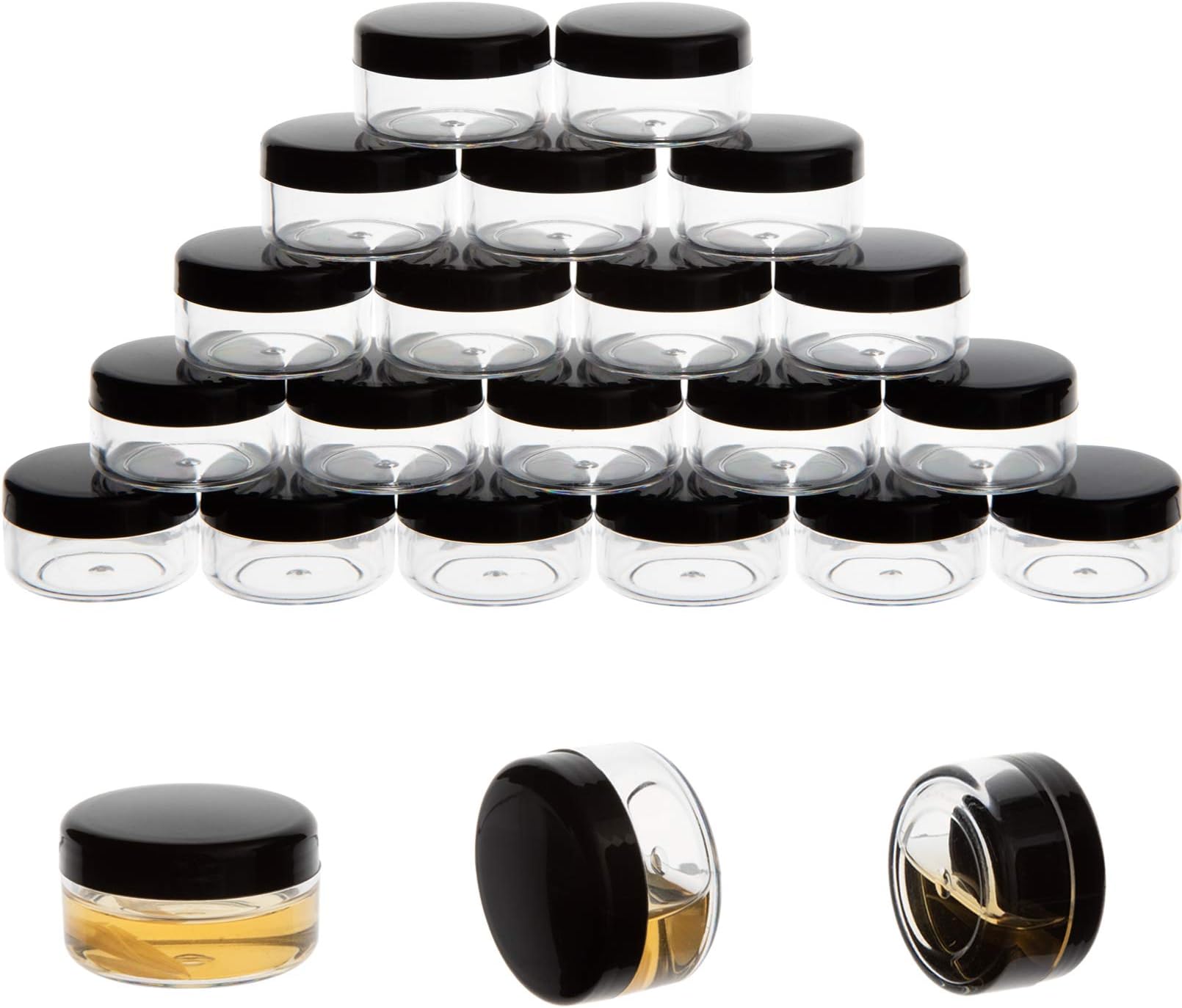 ZEJIA 10 Gram Sample Containers, 20 Count Cosmetic Containers with Lids, Refillable Empty Sample Jars, Small Plastic Containers with Lids (Black)
