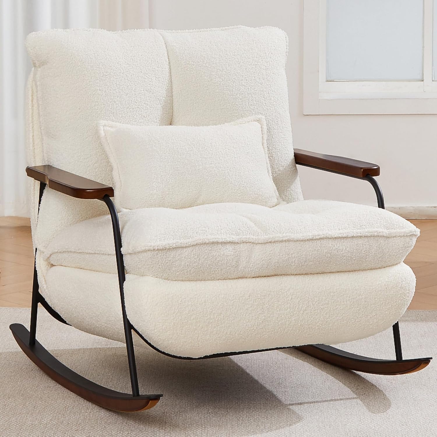 zyz Nursery Rocking Chair with Pillow, Teddy Upholstered Oversized Accent Chair Rocker Recliner, Solid Wood Frame, DIY Ottoman Footrest, Lazy Sofa for Living Room Bedroom (Teddy, White)