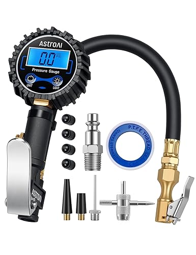 AstroAI Digital Tire Pressure Gauge with Inflator(3-250 PSI 0.1 for Display Resolution), Heavy Duty Air Chuck and Compressor Accessories with Rubber Hose and Quick Connect Coupler, Blue