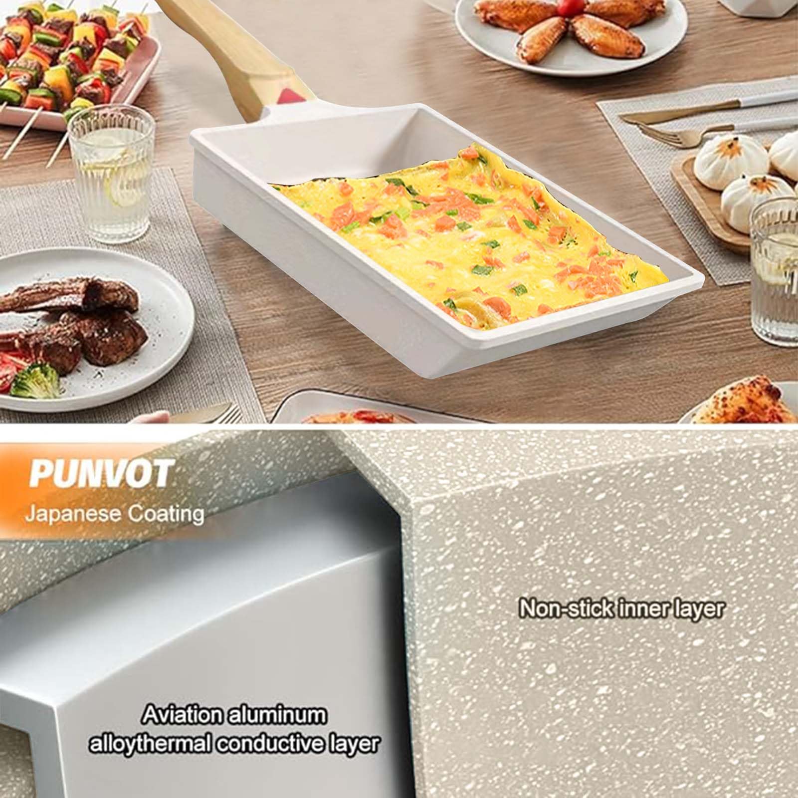Yuragim Padella per Omelette Giapponese,Padella Tamagoyaki con Spatola in Silicone Padella Rettangolare con Rivestimento Antiaderente in Ceramica e Manico Rimovibile per Tutti i Tipi di Fornelli Beige