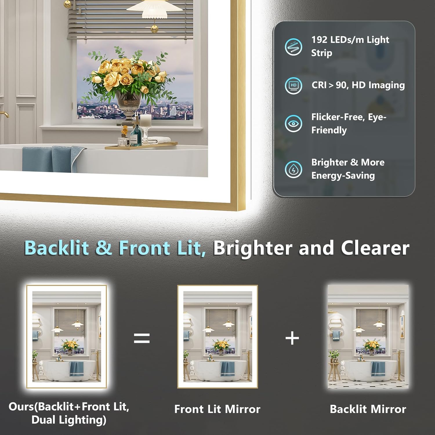 28x36 Gold LED Bathroom Mirror with Lights, Brushed Gold Framed Backlit and Front Lit Anti-Fog Lighted Vanity Mirrors for Bathroom Wall, Dimmable, 3 Colors, Memory, HD Tempered Glass, CRI＞90