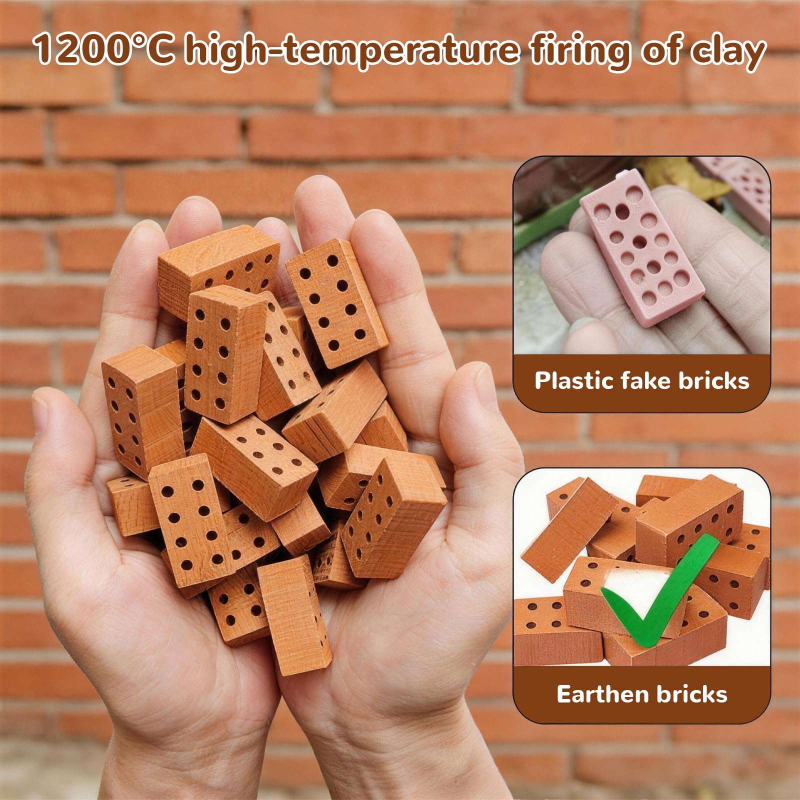 120 Stück Rote Mini Ziegelsteine, Miniatur Ziegelsteine mit 8 Löchern, Ton Modell Ziegel Steine Zum Mauern, für DIY Bauen Puppenhaus Garten Ornament Haus Spielzeug Deko（ 2 X 1 X 0.5cm）