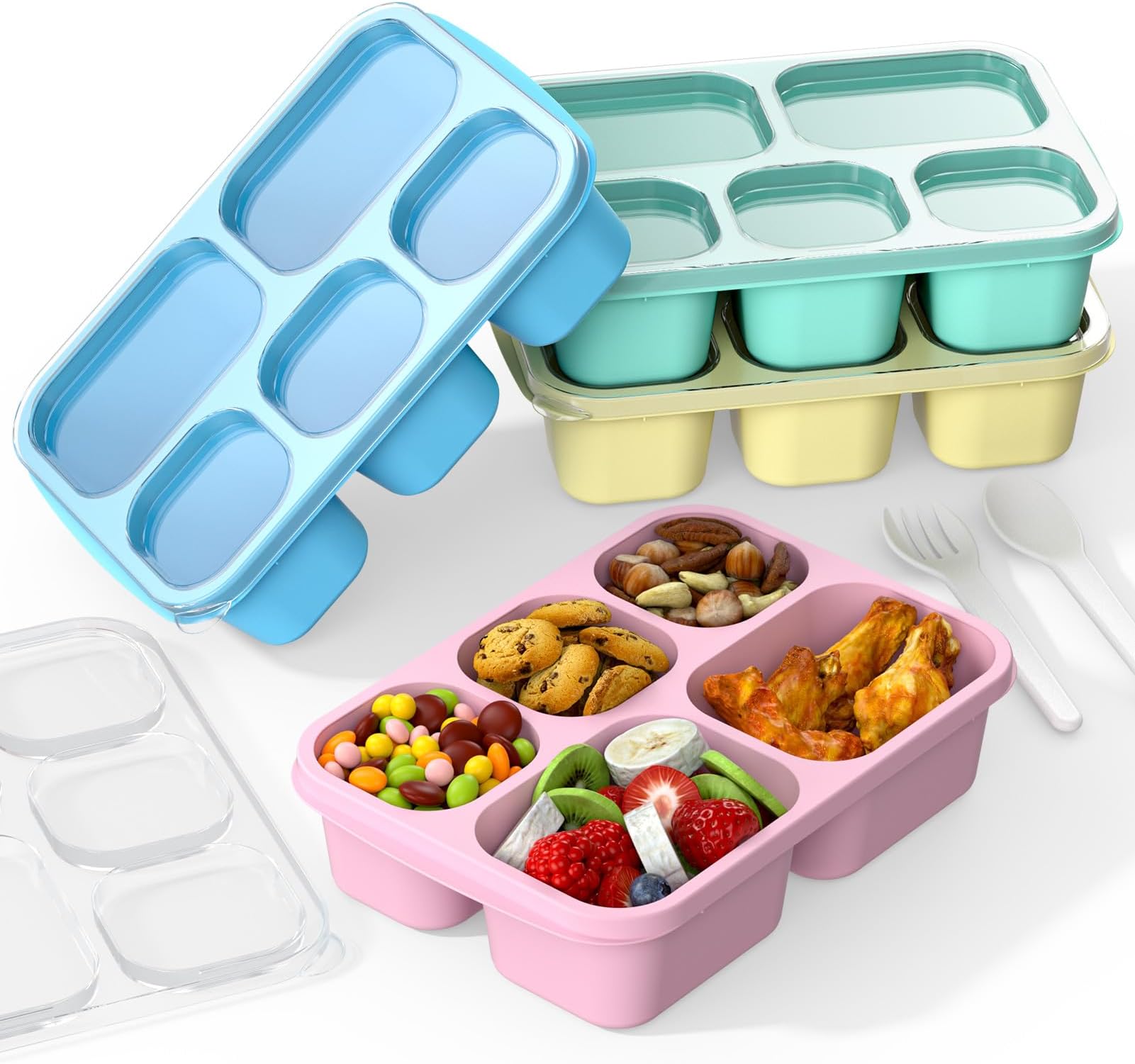 Bento Box Adult Lunch Box - 4 Pack, 5 - Compartment Meal Prep Container for Kids, Reusable Food Storage Snack Containers - Stackable for School, Work, and Travel (PP(Blue/Pink/Green/Yellow))