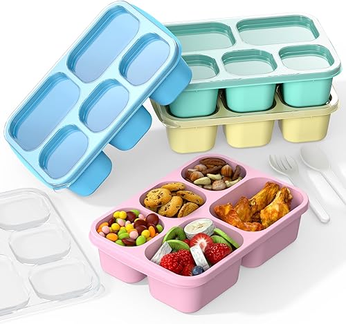 Bento Box Adult Lunch Box - 4 Pack, 5 - Compartment Meal Prep Container for Kids, Reusable Food Storage Snack Containers - Stackable for School,