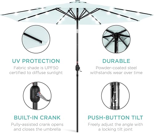 Vista 447 de Best Choice Products - Sombrilla solar de 7.5 pies para exteriores, patio, mesa, mercado, terraza, piscina con inclinación, manivela, luces LED