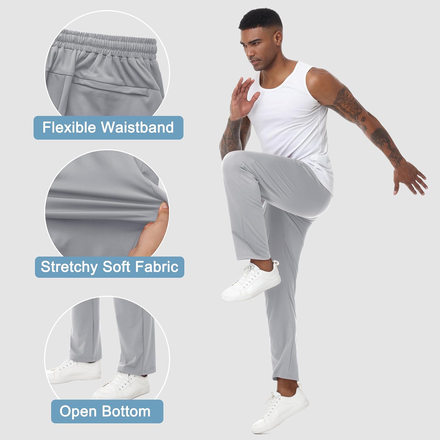Men's 30"/34"/36" Inseam Open Bottom Sweatpants Athletic Lounge Workout Running Gym Track Pants with Zipper Pockets - Image 4