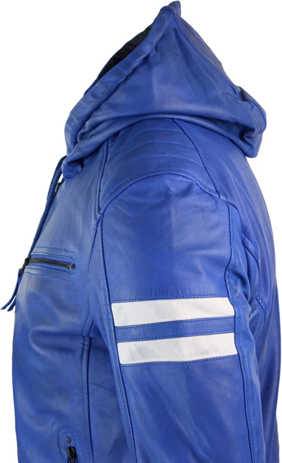Mens Blue Genuine Sheepskin Leather Bomber Jacket with Hood