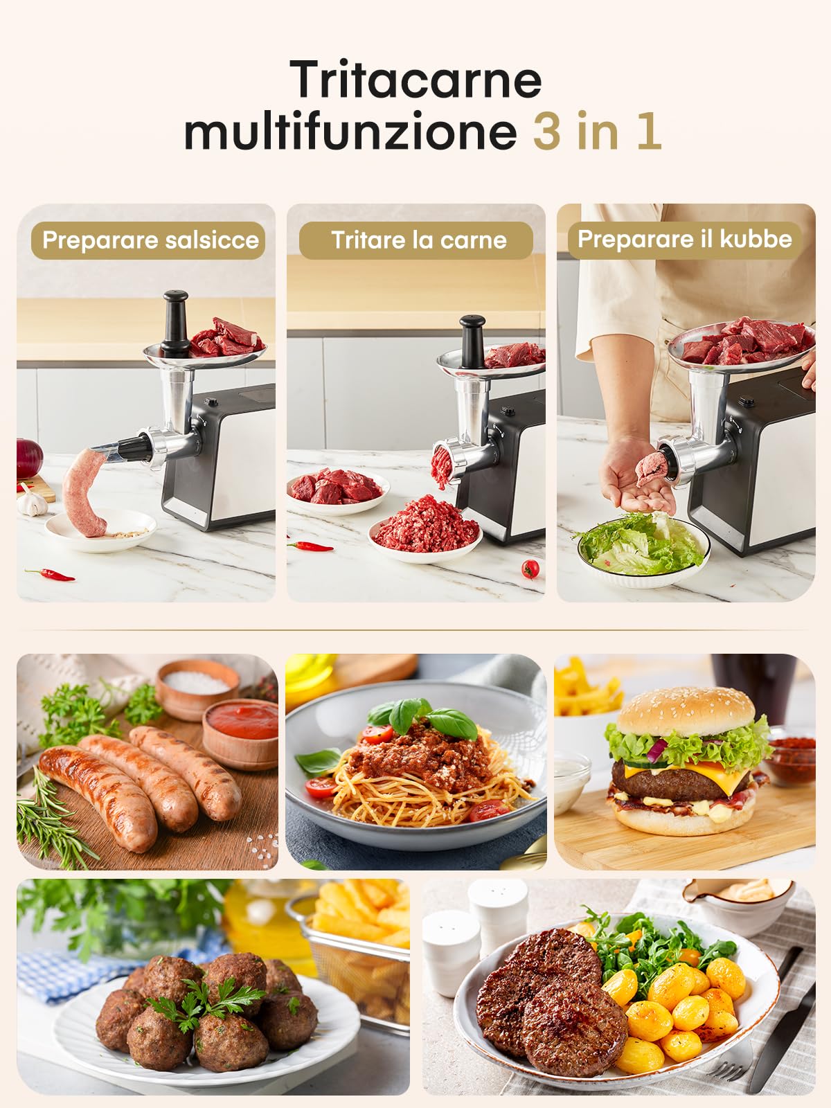 FOHERE Tritacarne Elettrico 3200W Max con 3 Piastre e 3 Tubi | Tritacarne professionale in acciaio inox con 2 lame e kit Kubbe per casa e selvaggina