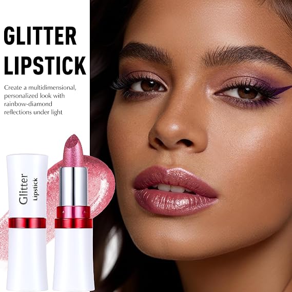 Mauve Pink Lipstick, Glitter Lipstick Metallic Shine Shimmer Finish Long Lasting Sparkle Lip Color High Pigmented Lightweight Non-Sticky for Women Daily/Festival Mermaid Makeup