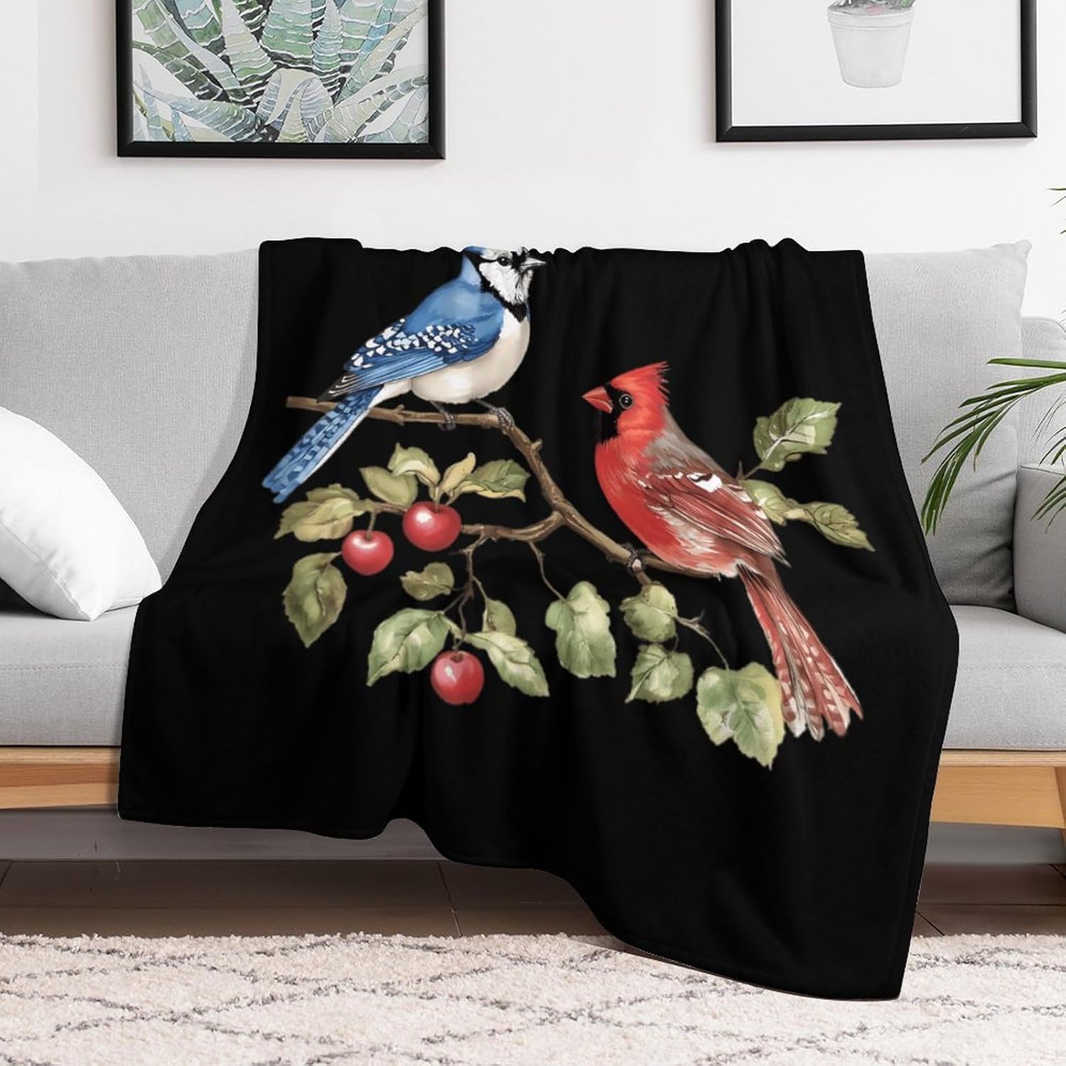 Blue Jay Bird Cardinal Bird Printed Throw Blanket Cozy Flannel Blankets Lightweight for Couch Sofa Bed Decor
