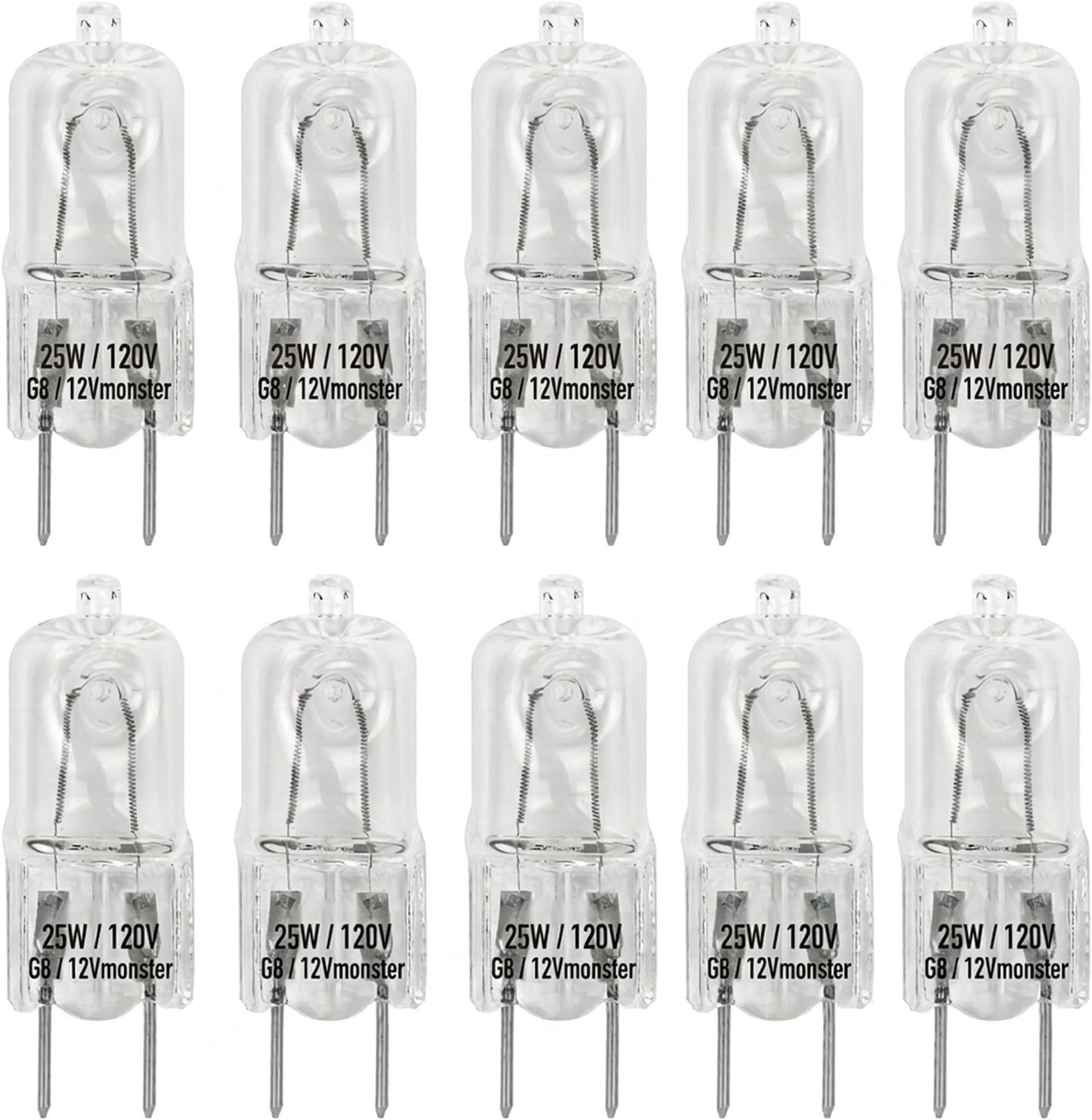 12Vmonster 10 Pack-G8 25W 120V Halogen Specialty Lighting Light Bulbs JCD Type 110v 130v 25 Watt T4 G8 Puck Lamp Microwave Oven Stove Top Kitchen Appliance Replacement Lighting Bi Pin Clear Lens
