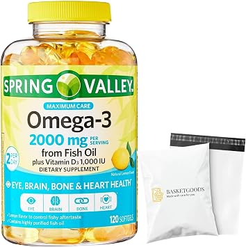Spring Valley Omega-3 from Fish Oil 2000 mg for Eye Brain Bone & Heart Health Dietary Supplement Softgels, 120 Count - Set by Basket Goods
