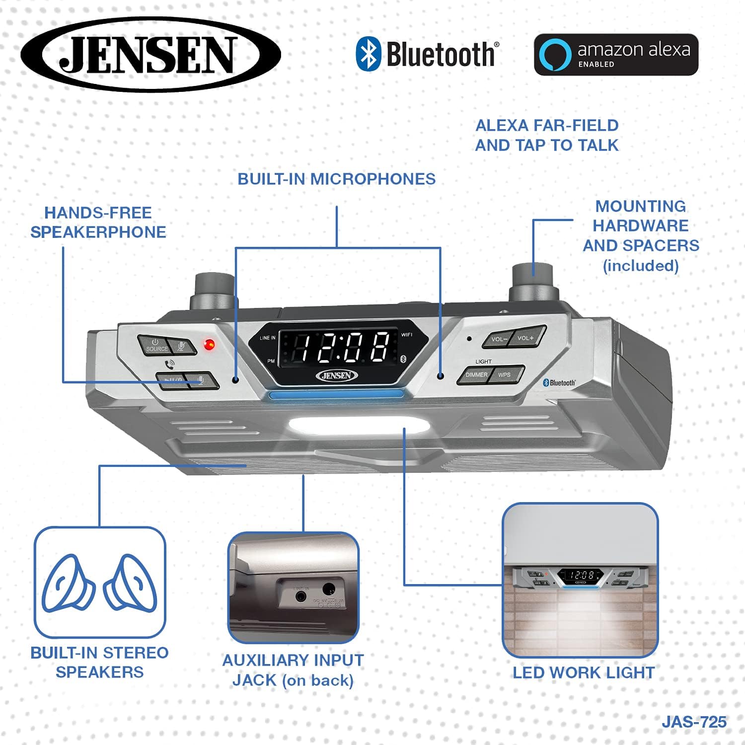 Jensen® Under Cabinet Bluetooth Music System with Alexa Far-Field and Tap to Talk