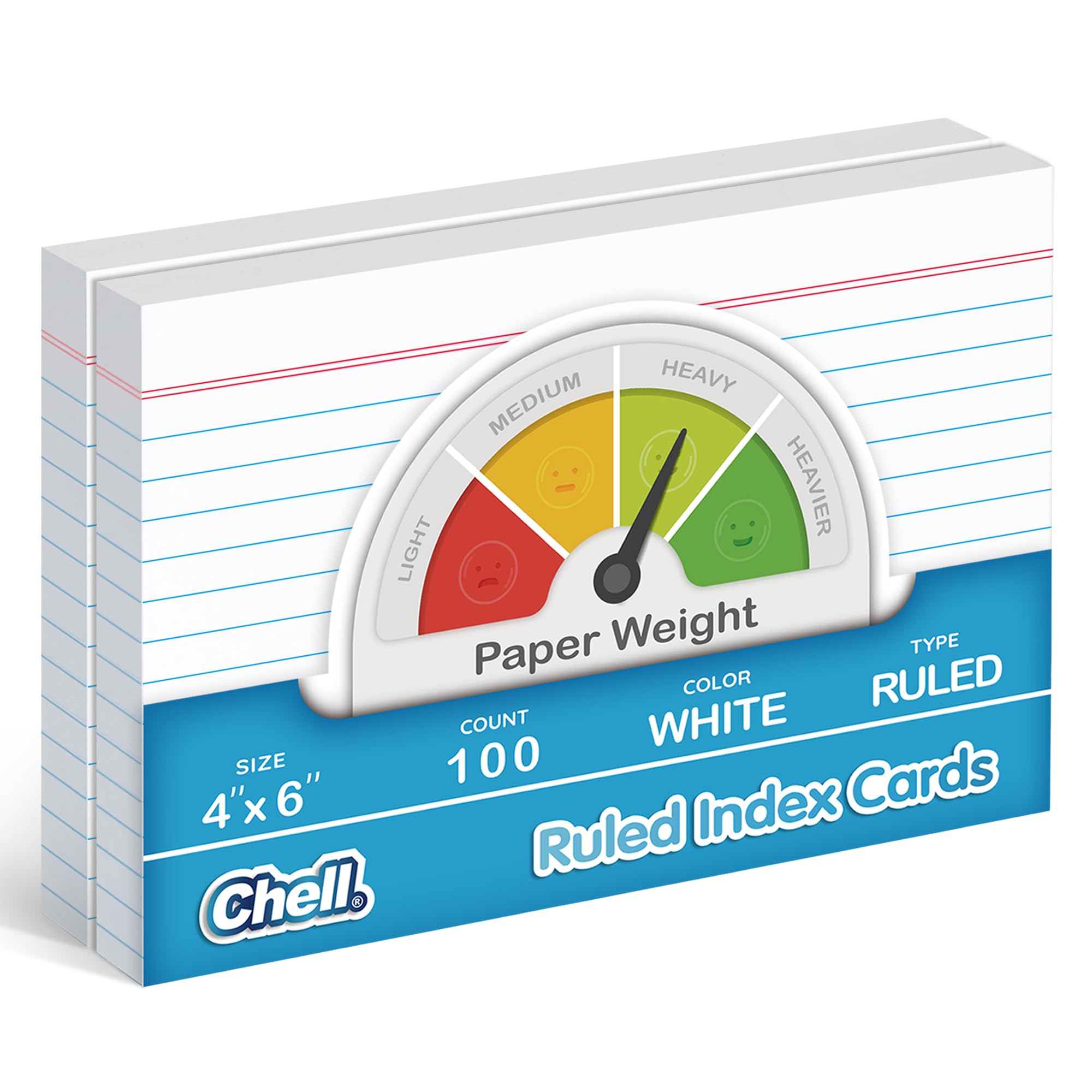 Chell Ruled Index Cards 4x6 Inch Heavyweight, 100 Count, Ruled Front and Blank Back, 65 lb. Cover Weight, White