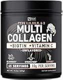 Premium Multi Collagen Peptides Protein Powder (1, 2, 3, 5 & 10) with Vitamin C, Biotin, Hyaluronic Acid, for Hair Skin and Nails - Marine, Bovine, Chicken & Eggshell (Unflavored, 45 Servings)