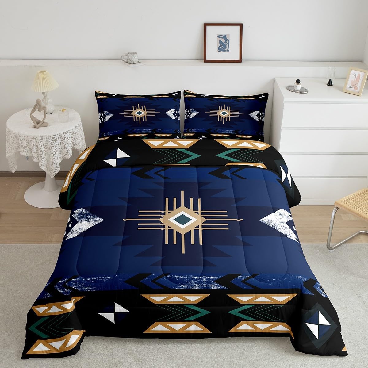 Farmhouse Bohemian Native Rustic Navy Blue Geometric Diamond Shapes Bedspread Set